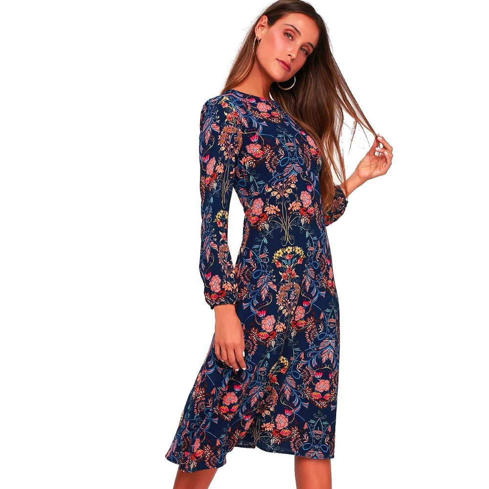 Lulus Garden Splendor Navy Blue Floral Print Dress